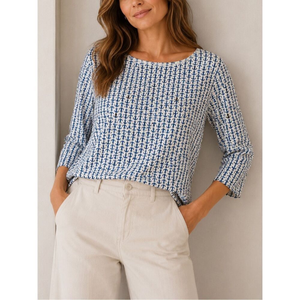 Talbots Cotton Blend White Anchor Print 3/4 Sleeve Top Size XL